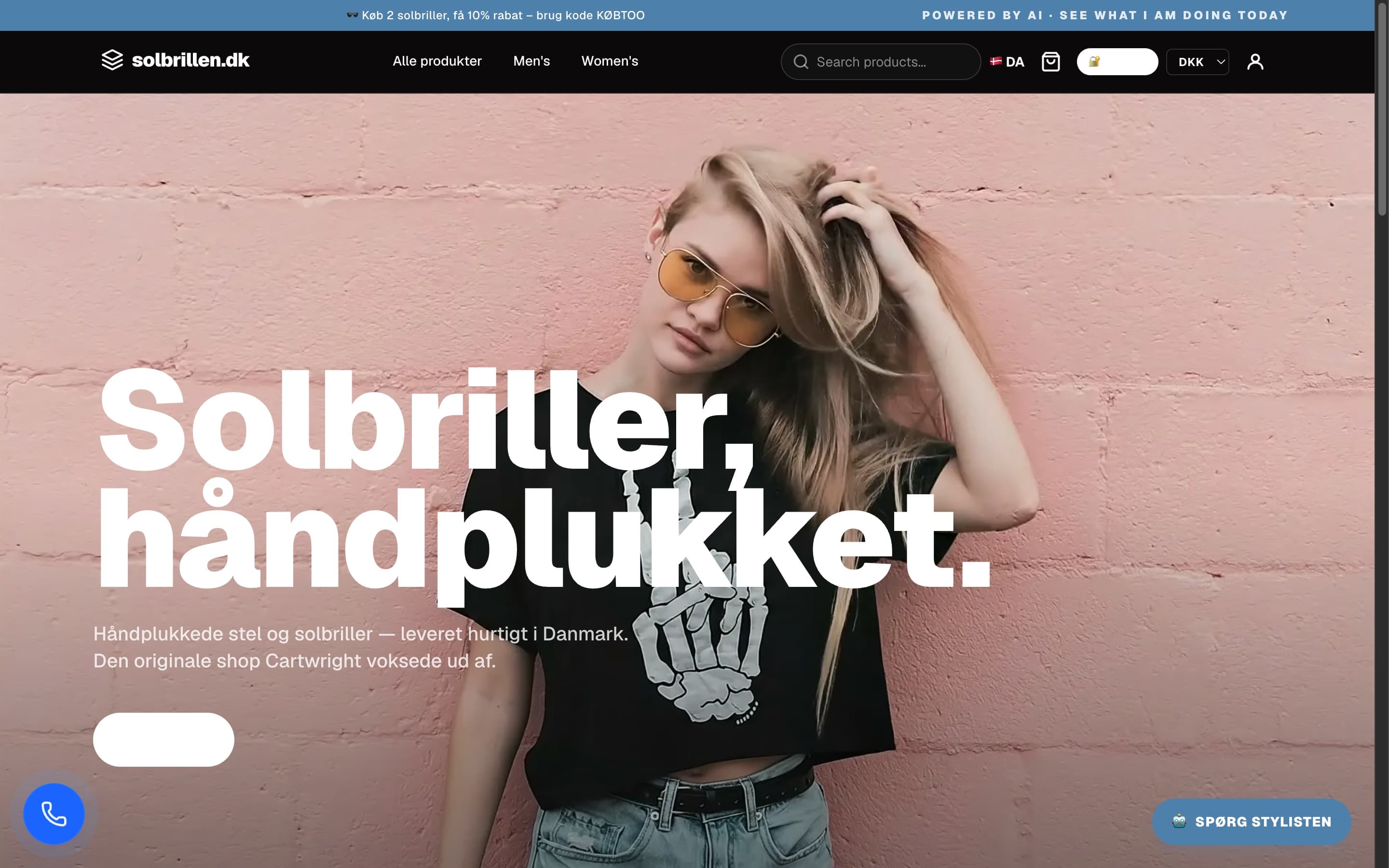 Solbrillen.dk eyewear storefront hero in a browser frame