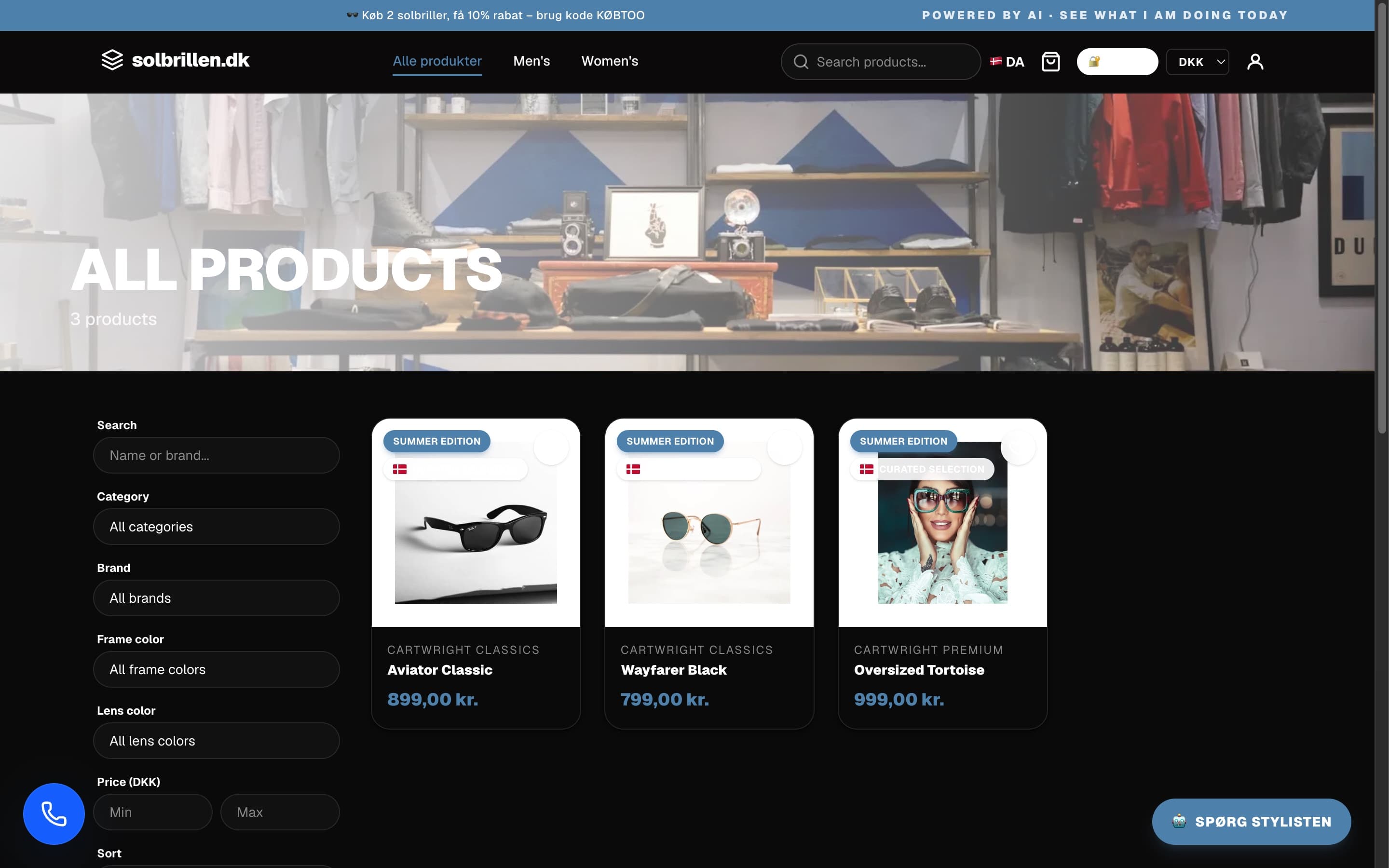 Solbrillen.dk product catalogue in a browser frame